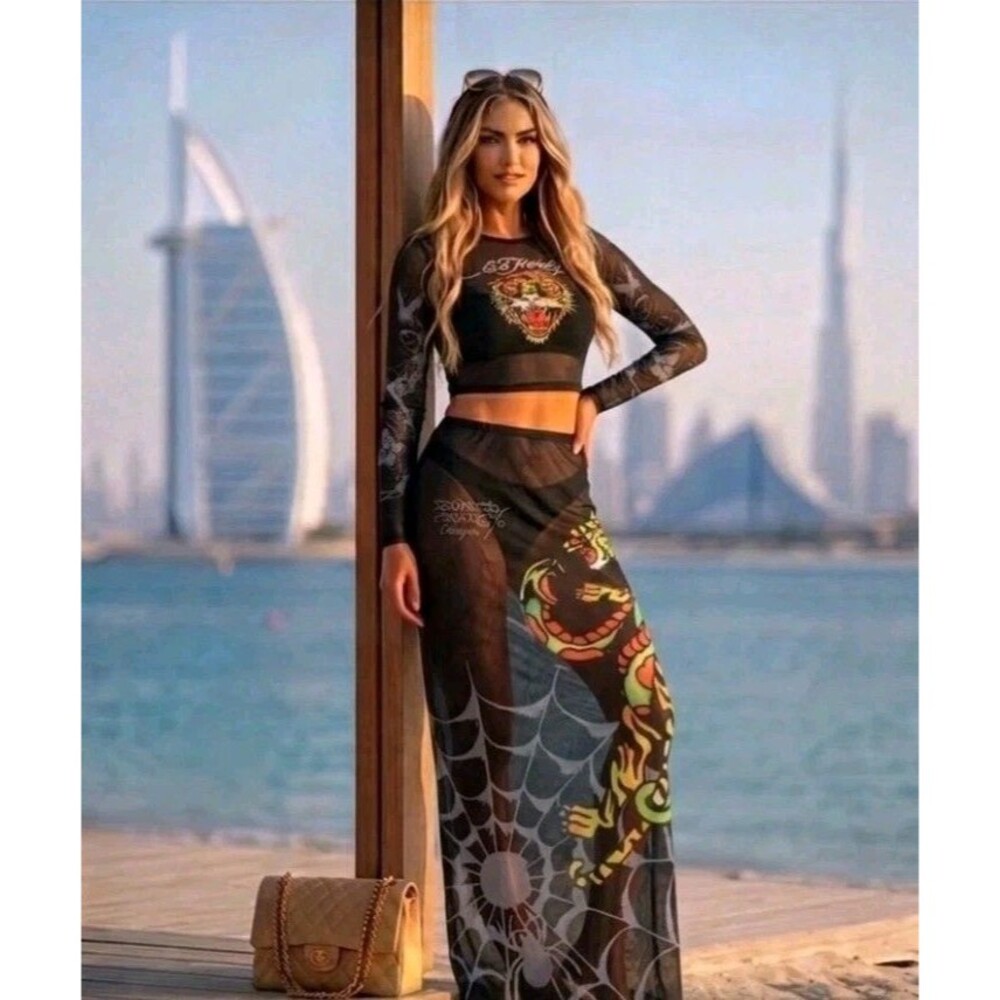 NWT Ed Hardy Mesh Rhinestone Maxi Skirt Graphic Crop Top Swim Cover Up